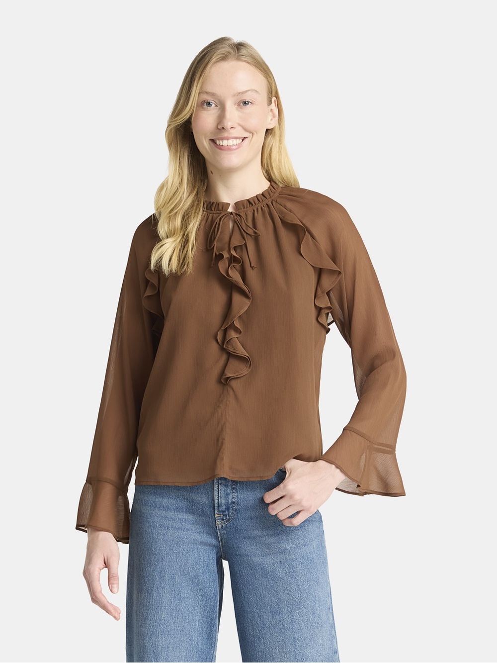 Time and Tru • Brown Ruffle Tie-Neck Blouse Size Medium